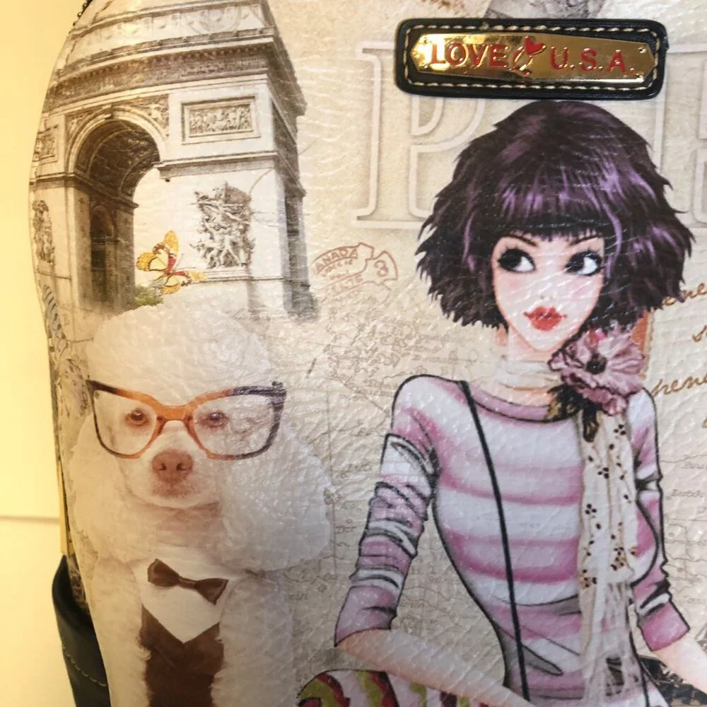 Love Q USA Paris Print Backpack Laptop Pocket Girl Dog Illustration
